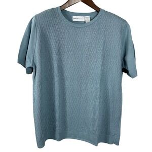 Alfred Dunner Womens Blue Textured Chevron Short Sleeve Knit Sweater Top Large